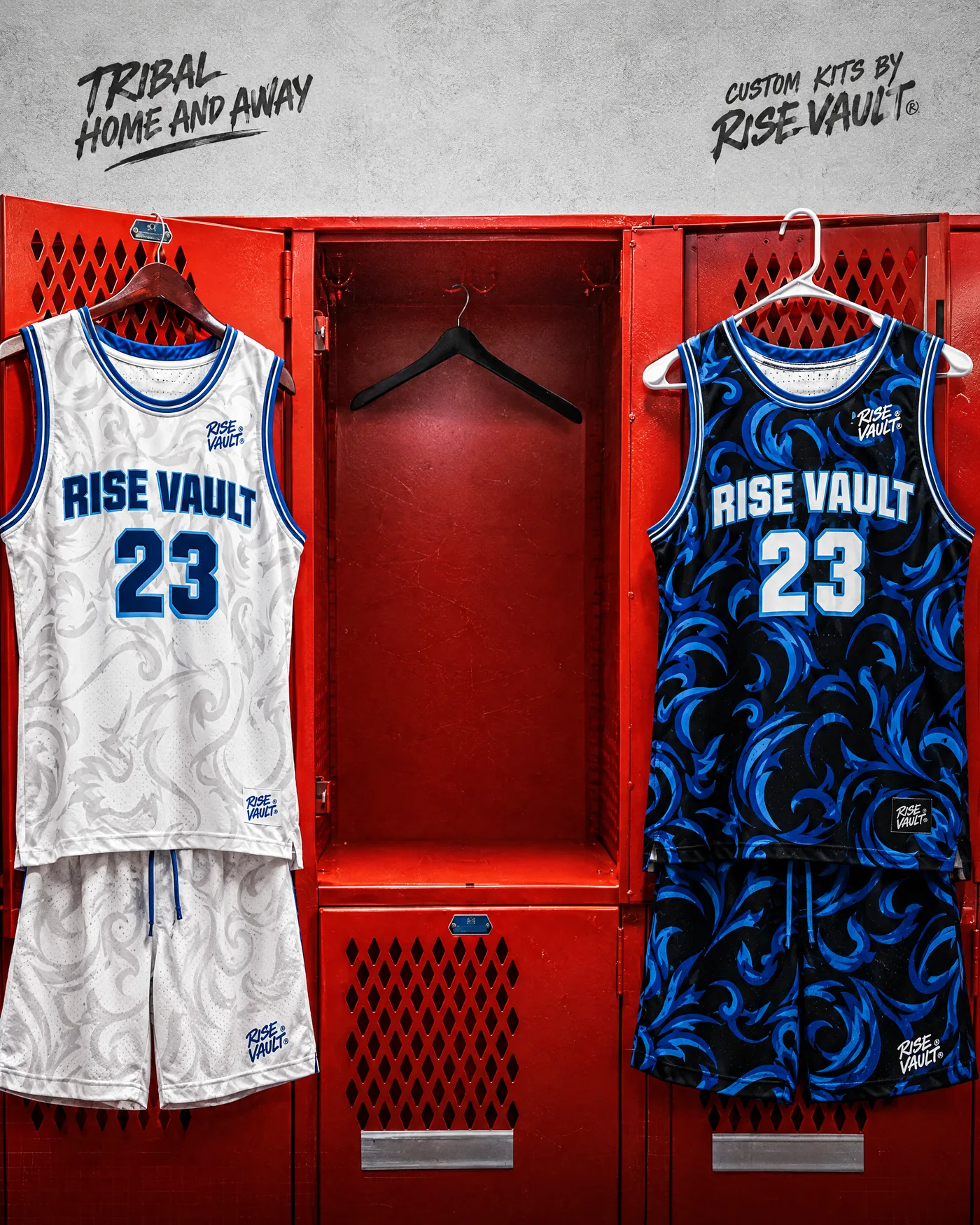 Tribal home and away kits hanging in a locker room