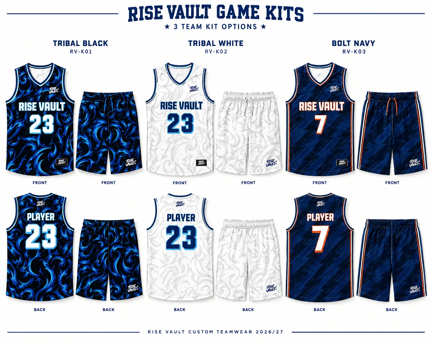Three team kit options: Tribal black, Tribal white and Bolt navy