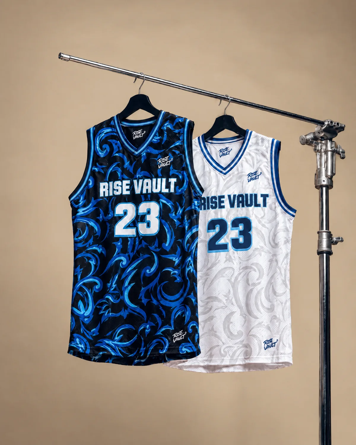 Tribal home and away jerseys hanging on a rail